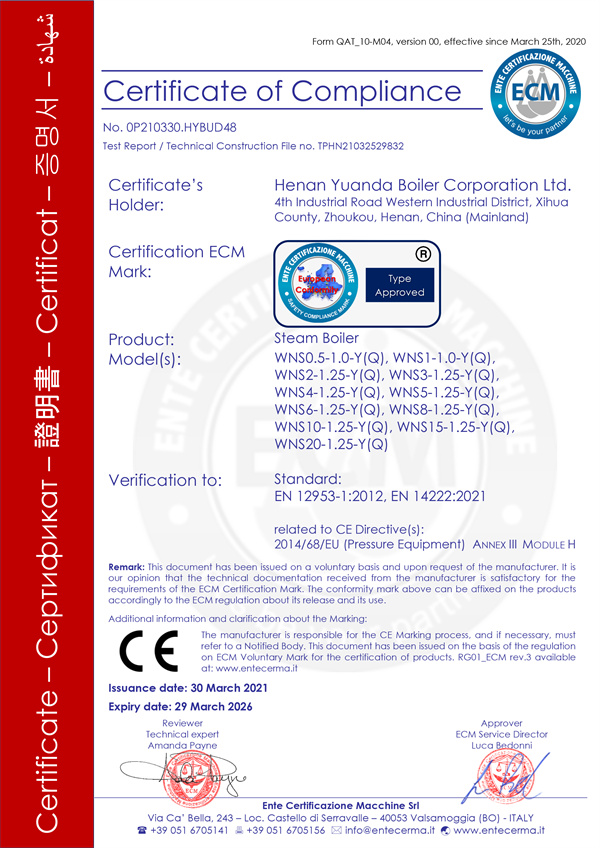 Yuanda Boiler Product CE Certificate